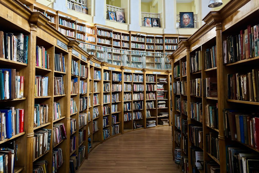 Rows of bookshelves in a library